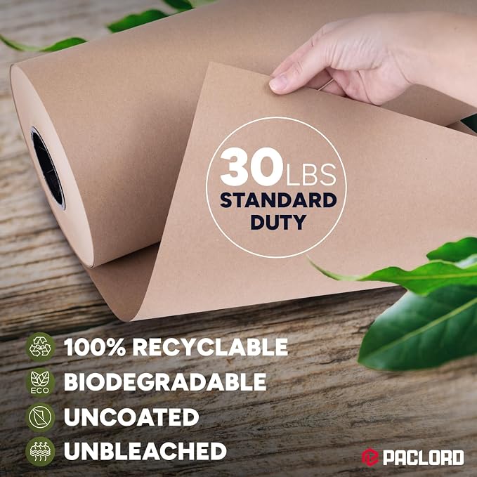 Paclord 18" x 14400" (1200 feet) Natural Brown Kraft Paper Roll, 30 Lb Standard Grade – Made in USA Large Roll of Brown Wrapping Paper, 3-inch Core – for Packaging, Void Filling, Shipping, School | 30 Lb Standard Grade – Made in USA Large Roll of Brown...