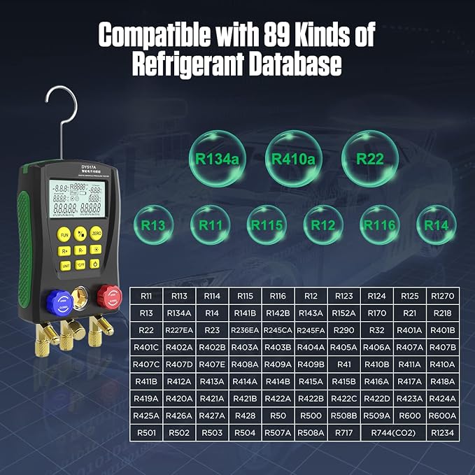 Digital Manifold HVAC Gauges Set with Pressure & Temp Test, Digital Refrigerant Gauges for R410A R22 R134A Built-in 89 Refrigerant Database, HVAC Gauges Set with Refrigerant Hoses,Temp Clips