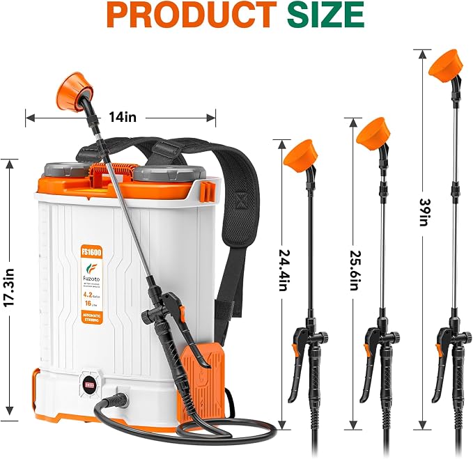 4.2 Gallon Battery Powered Backpack Sprayer for Lawn, Garden, Yard | Built-in Mixing System,45-90PSI Adjustable Pressure,6 Hours Long Battery Life,6 Spray Nozzles,39" Telescopic Wand