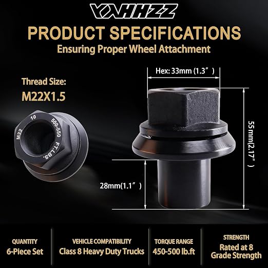 6PCS M22x1.5 Wheel Nuts,Two Piece 28mm Sleeve Flanged 33mm Hex Hub Pilot/Unimount