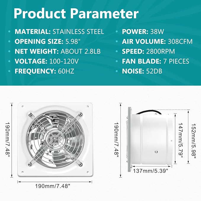 HG Power 6 Inch Exhaust Fan, Kitchen Exhaust Fan With Switch 308CFM, Extractor Ventilation Fan For Attic, Greenhouse, Basement, Shed