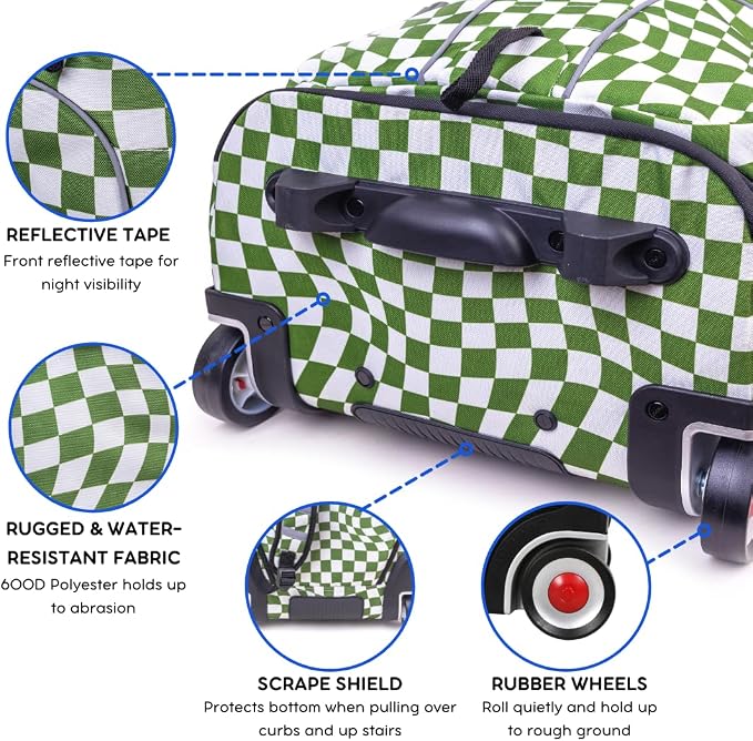 J World Lunar Rolling Backpack. Laptop Bag With Wheels. Wheeled Carry-On Travel Luggage, Matcha Checkers, 19.5 x 13 x 8 Inches