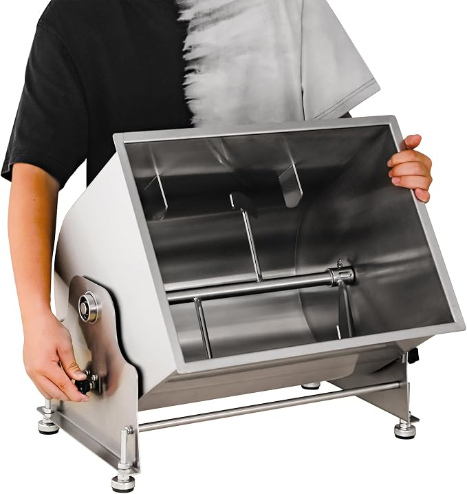 CLIVIA Commercial Meat Mixer 90lb/45L | Stainless Steel, 90° Tilting Tank, Heavy Duty Manual Sausage Blender, Hand Crank, For Sausage Patty Jerky