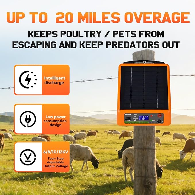 20miles Solar-Powered Electric Fence Charger, Adjustable Output Voltage:6/8/10/12kV, 2J Portable Solar Fence Charger Supports Battery/Solar/AC Power Ideal for Livestock/Garden/Orchard/Farm Protection