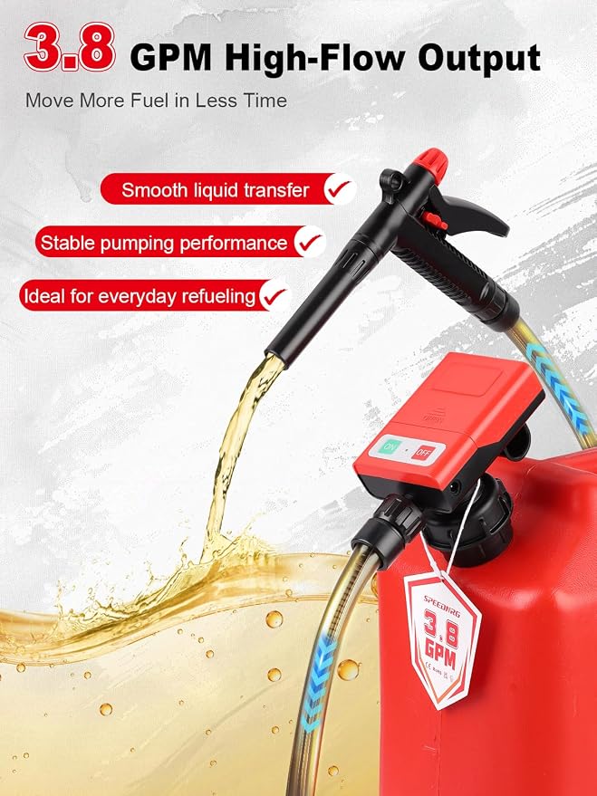 3.8 GPM Fuel Transfer Pump, 12V Battery Clip & AA Powered, 51" Hose with 4 Adapters, Portable Cordless Gas Diesel Kerosene Pump for Cars, Boats, Lawn Mowers, Generators