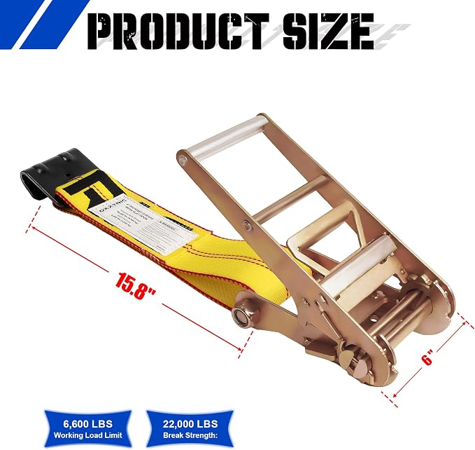 4 Inch Ratchet Strap with Flat Hook Fixed End, Heavy Duty Replacement for Flatbed Trailer, Vehicle Tie Down Straps, Cargo Control, 6600lbs WLL - 2 Pack