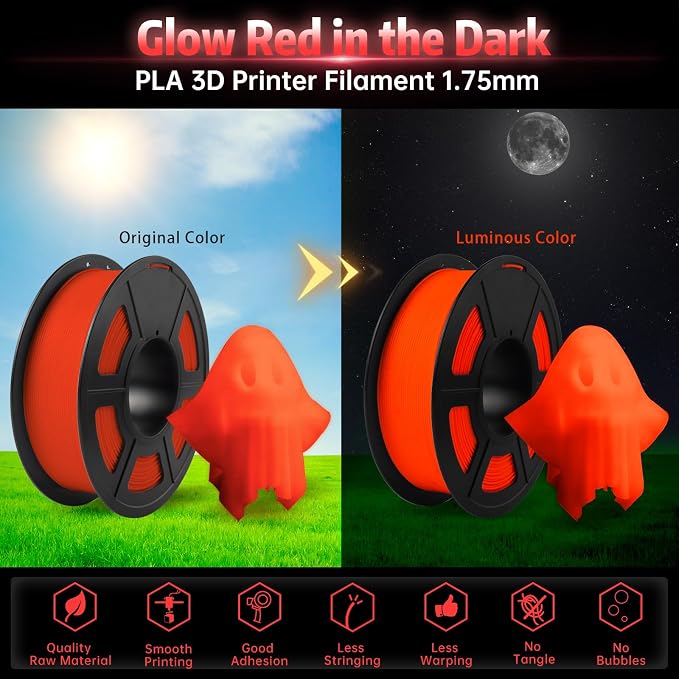 SUNLU Glow in The Dark PLA Filament, Neatly Wound Luminous PLA 3D Printer Filament 1.75mm Dimensional Accuracy +/- 0.02mm, Fit Most FDM 3D Printers, 1kg Spool (2.2lbs), (Red PLA, Glow Red)
