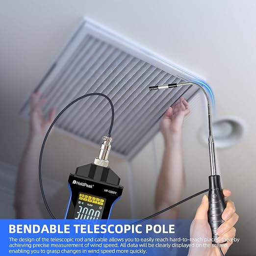 HOLDPEAK Professional Hot-Wire Anemometer, High-Precision Digital CFM/CMM Air Velocity Meter Wind Speed Gauge, HVAC Wind Temperature Tester with Telescopic Probe, Backlit LCD, USB Data Export