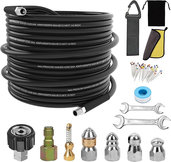 Sewer Jetter Kit for Pressure Washer,Water Jet Drain Cleaning Hose with Corner Rotating Button Spring Nose 1/4" NPT Sewer Cleaning Tool High-Pressure Nozzles,5800 PSI 100 FT