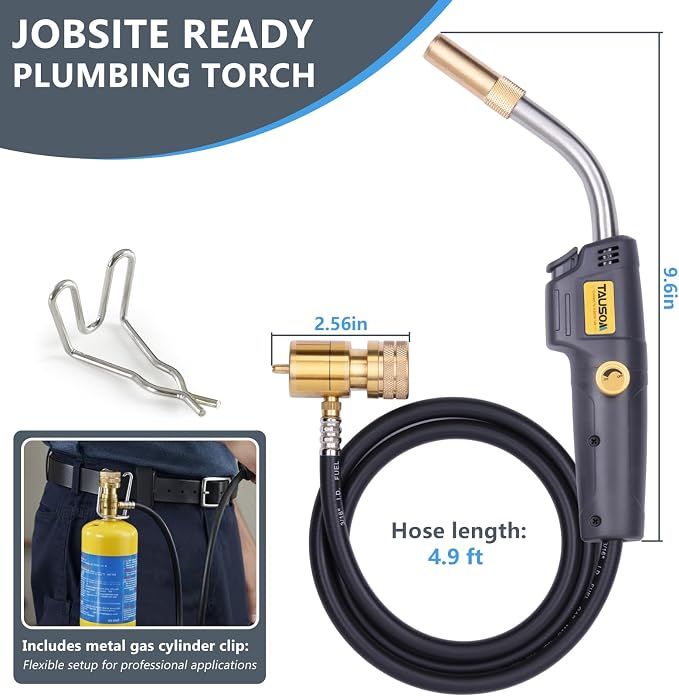 Propane Torch Kit with 4.9-Ft Hose, Adjustable Flame for HVAC | Brass Blow Torch Head 2527°F, Propane & MAPP Gas Compatible, Self-Igniting for Easy Startup