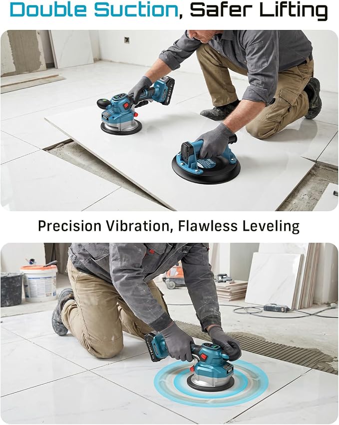 Tile Vibration Tool with 8" Suction Cup Kit for Laying and Lifting Tile | 145mm Tile Vibrator, 10 Speeds, 18000 r/min, 2 x 2000mAh Batteries, 220/450 lb Suction, For 6-48 in Floor and Wall Tiles