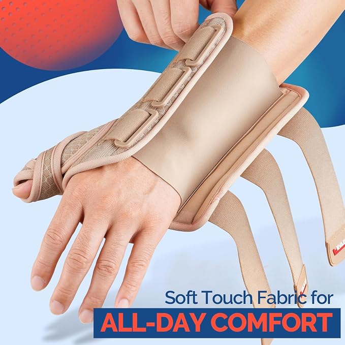 FEATOL Carpal Tunnel Wrist Brace Night Support, Thumb Spica Splint Left Hand for De Quervains Tenosynovitis, Tendonitis, Thumb Brace for Women Men, Beige, Medium/Large
