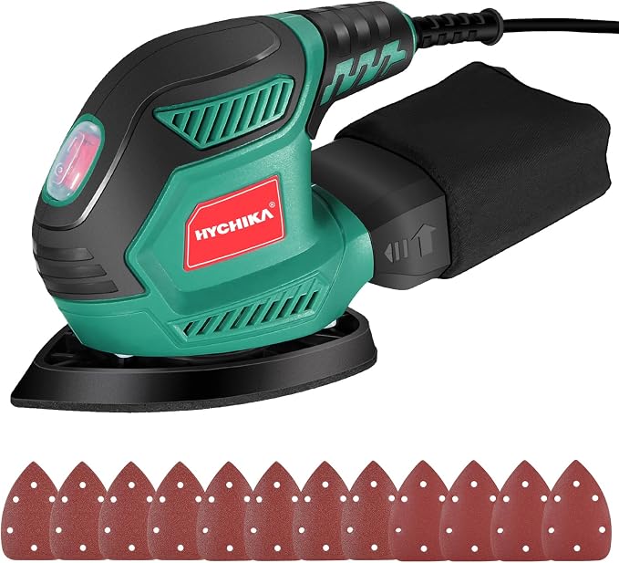 HYCHIKA Detail Sander, 14,000 OPM Compact Electric Sander Tool with 12 Pcs Sandpapers,Efficiency Dust Collection System,Suitable for Tight Spaces Sanding,Polishing,Removing Paint in Home Decoration