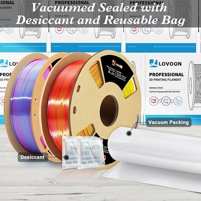 LOVOON Silk PLA 3D Printer Filament Bundle 2 KG, PLA Filament 1.75mm, Shiny Silk Tri Color Blue/Yellow/Red and Rose Red/Sky Blue/Yellow, Color Change by Angle 3D Printer PLA Filaments, 1KG X 2 Spools