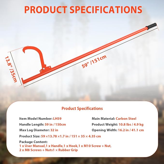 60" Long Handle Log Lifter, Adjustable Heavy Duty Log Roller, Cant Hook with Rubber Grip, Logging Tool for Rolling Log (Orange)