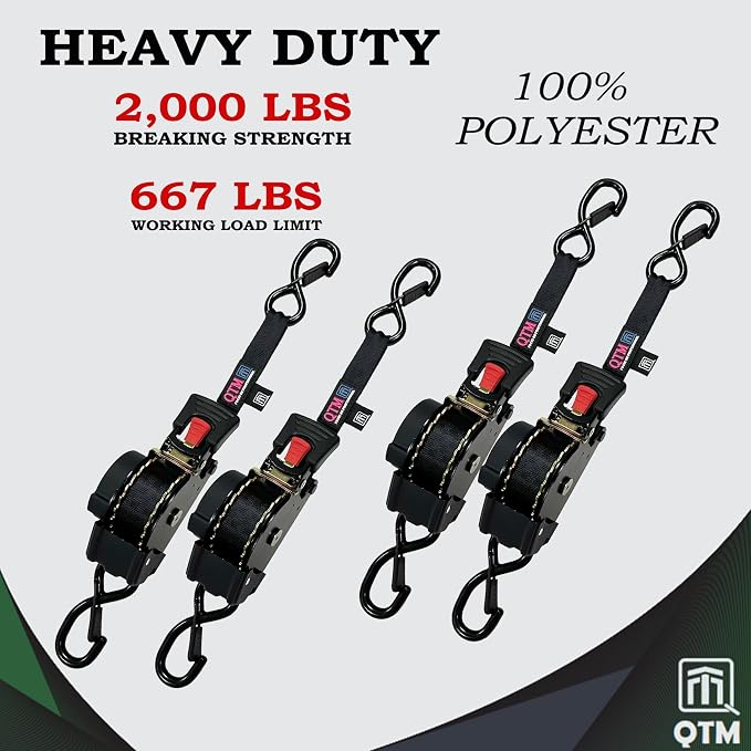 QTM 4-Pack Black Stainless Steel Spring Retractable Ratchet Straps 1" x15' with Soft Loops, Heavy Duty, 2,000lbs Breaking Strength, with Storage Bag, Best for Cargo, Truck, Bicycle, Motorcycle