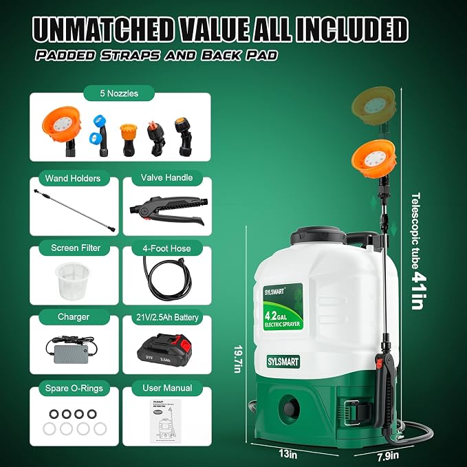 Battery Powered Backpack Sprayer 4 Gallon– No Leak ＆ Padded Straps Electric Weed Sprayers in Lawn and Garden, 100PSI Power Sprayer with 41'' Telescopic Wand and 5 Nozzles, Translucent White