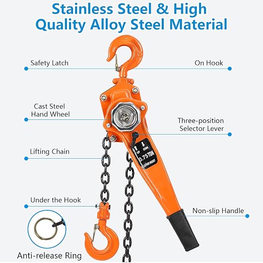 Manual Lever Chain Hoist, 0.75Ton 10Ft Lift Lever Hoist Ratchet Chain Puller Hoist w/2 Portable Hooks for Building Garages, Heavy Duty Chain Lifting & 360° Rotation Hook, Automotive Machinery