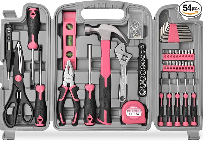 Hi-Spec 54pc Pink Home DIY Repair Tool Kit Set. Women Ladies Beginner Complete Hand Tools in a Portable Toolbox Case for the Household and Office