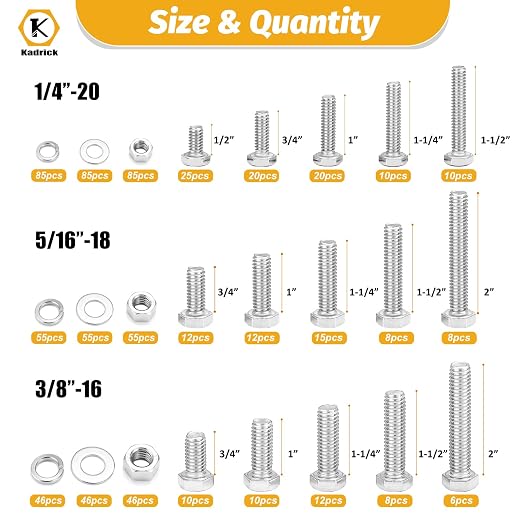 Kadrick 744Pcs 18-8(304) Stainless Steel Hex Bolts Assortment,1/4-20 5/16-18 3/8-16 Heavy Duty Bolts and Nuts Kit, Assorted SAE Bolts Nuts Flat&Lock Washers,Lenth Form 1/2''-2''