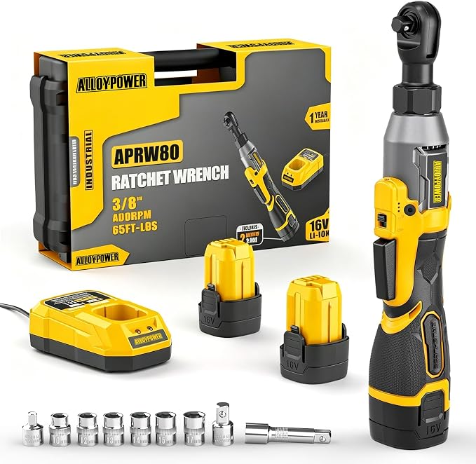 Cordless Ratchet Wrench, 3/8" 16V Brushless 65 ft-lbs, 2 Batteries | Drop-resistant alloy body,6 sockets (10-17mm), 1/4" & 1/2" adapters, 3" extension bar, fast charger, built-in LED, 0-400 RPM