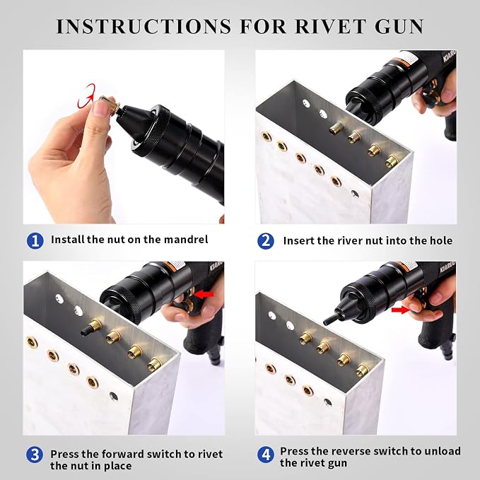 Pneumatic Rivet Nut Gun M4,M5,M6 with Replacement Mandrels, RPM 1500 Industrial Grade Pull Rivnut Gun MODEI:LM08 Button Switch