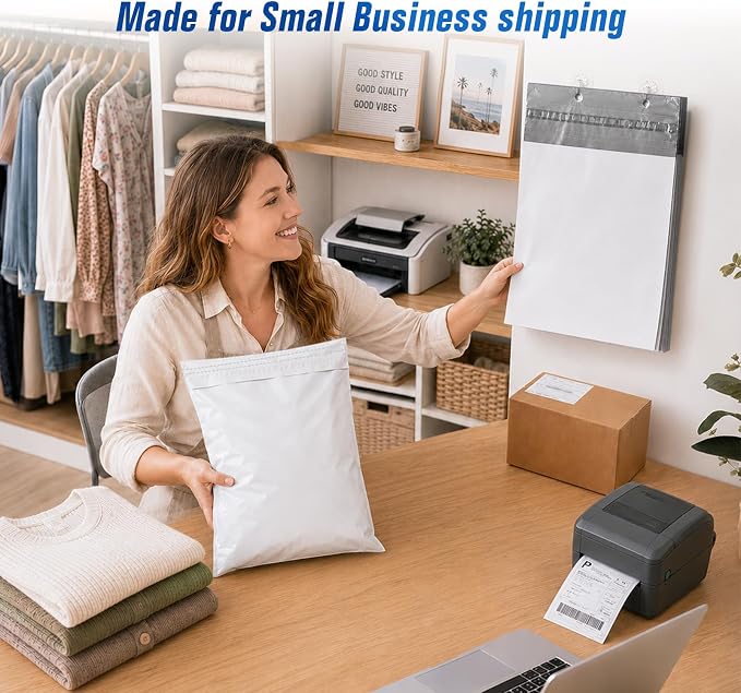 Fuxury Poly Mailers 12x15.5 100PC (Upgraded Version) Shipping Bags for Clothing with Easy-Open Tear Strip & Hangable for Easy Use, Self-Seal Shipping Envelopes Mailing Bags for Small Business in White