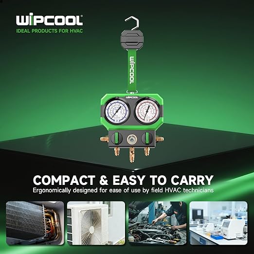 WIPCOOL Manifold Gauge for R22 R410A/R32 R404A R407C Air Conditioning Refrigerants, with Sight Glass 3 * 1/4" SAE Ports, Shockproof Integrated Design