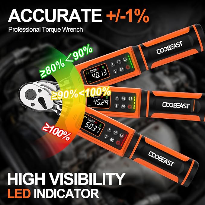 coobeast Digital Torque Wrench, 3/8 Drive Electronic Torque Wrench Set with Preset Value(0.66-44.29 Ft-lbs./0.9-60Nm), Buzzer and LED Flash Five Units of Measure Torque Wrench for Bicycle, Bike