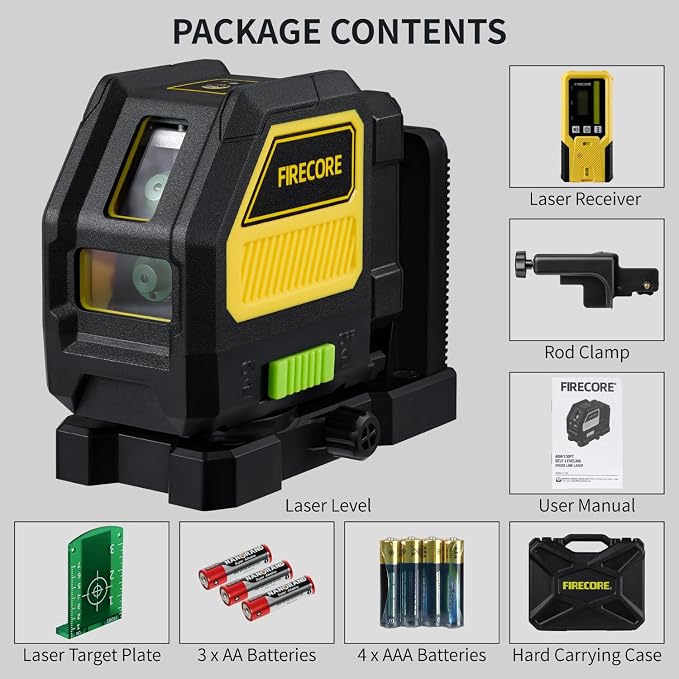 Laser Level with Receiver, Firecore Self-Leveling Cross Line Laser and Receiver Combo Kit for Outdoor, 197ft Working Range, Green Lazer Leveler Tool for Construction, Rod Clamp and Hard Case Included