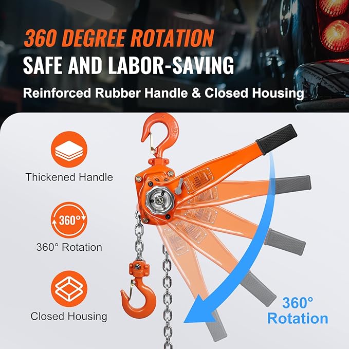 VEVOR Manual Lever Chain Hoist, 1-1/2 Ton 3300 lbs Capacity 20 FT Come Along, G80 Galvanized Carbon Steel with Weston Double-Pawl Brake,Auto Chain Leading & 360° Rotation Hook, for Garage Factory Dock