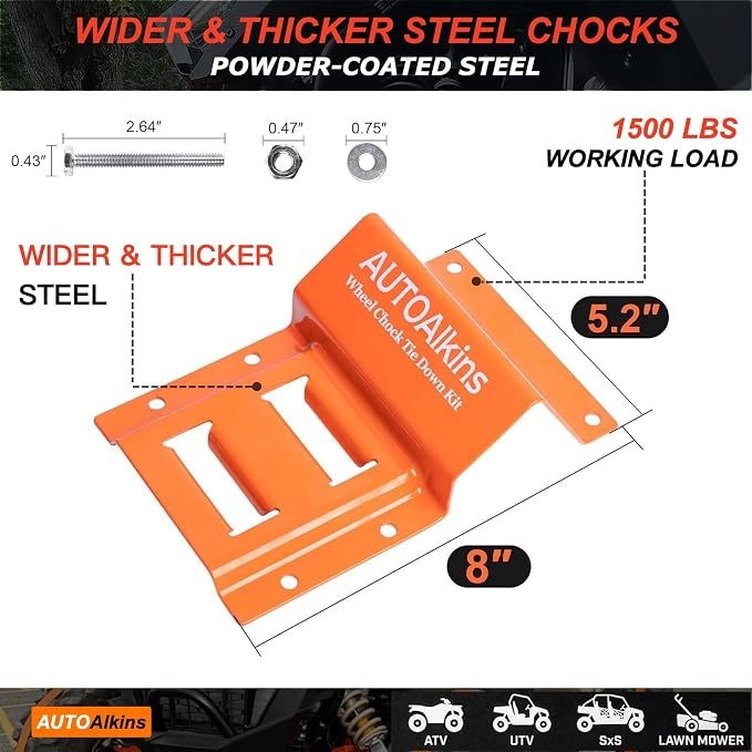 Wheel Chock Tie Down Kit, 4,400lb Break Strength — 4 Heavy Duty E-Track Tire Ratchet Straps & 8 Steel Wheel Chocks, Complete Trailer Tie Down System for ATV, UTV, Lawn Mower & SxS (Orange)