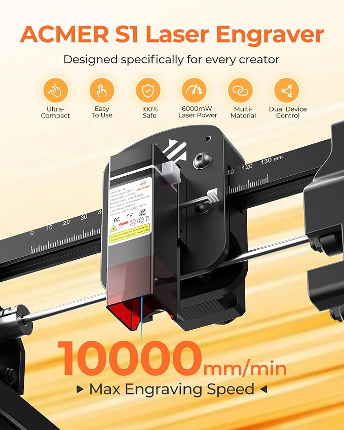 ACMER S1 Laser Engraver for Beginners, 6000mW Lazer Engraving Machine with 130x131mm Working Area, Laser Cutter for Wood, Acrylic, Leather, DIY Crafts & Small Business