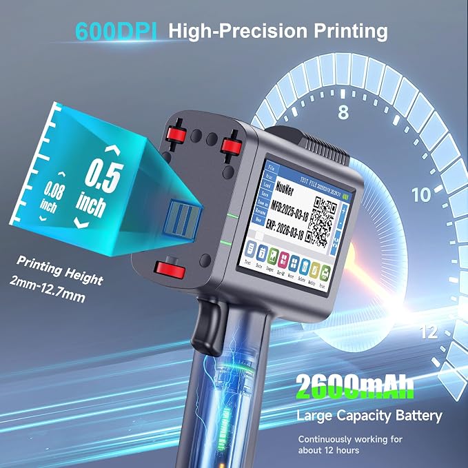 Handheld Inkjet Printers - All Metal Material,Industrial-Grade/Printing Height of 1/2 inch/4.3-inch capacitive Color Screen/Continuous Operation for 12-18hours