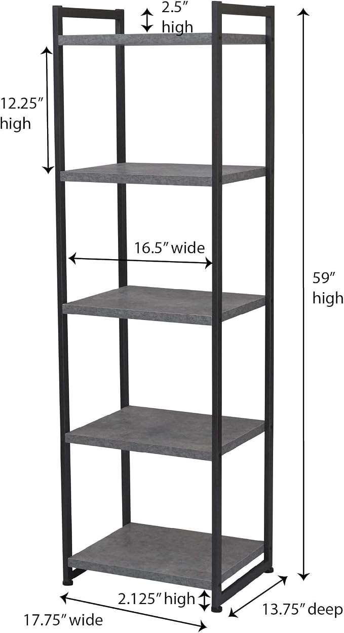 Household Essentials Slate Concrete & Iron Five-Shelf Tower Bookcase