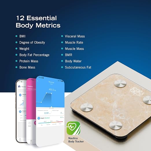 Nautica Body Tracker Digital Bathroom Scale, Bluetooth-Enabled Smart Scale with BMI, Body Fat, Muscle Mass Tracking & More, Syncs with Smartphone App for Body Composition Tracking, 396 Lbs.