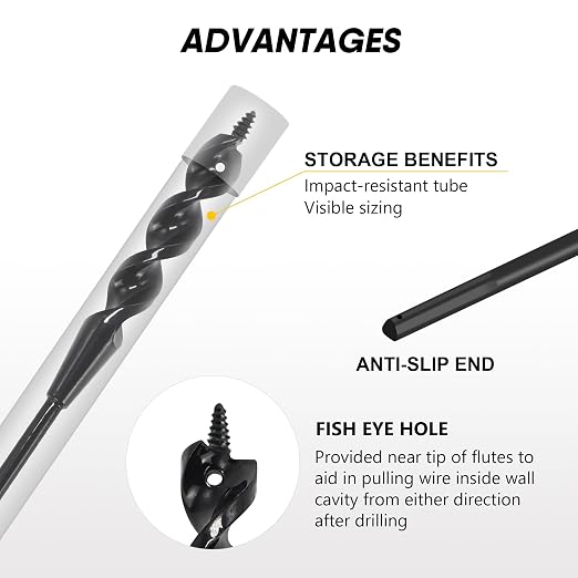 HUAALIUCHE 36" Flexible Installer Drill Bit for Pulling Wires in Walls, Ceilings, and Sidewalks, 1/2" Auger with Screw Point & Fish Eye, 3/16" 3-Flat Shank for Wood & Conduits, with Storage Tube