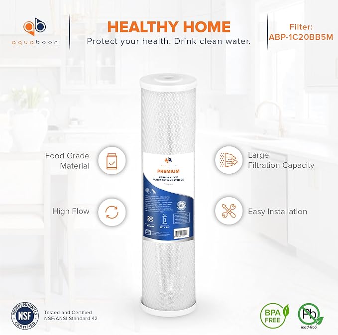 Aquaboon 5 Micron 20 x 4.5 Whole House Water Filter Replacement Cartridge Carbon Block Chlorine Reduction for 1-Stage Water Filtration System 2 Pack
