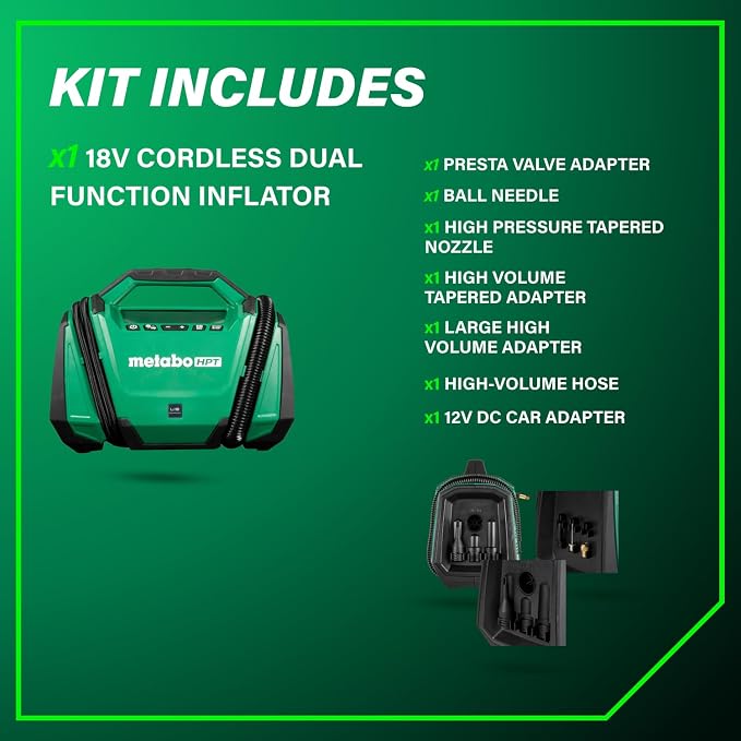 Metabo HPT 18V MultiVolt Cordless Dual Function Inflator, Portable Air Inflator with High Pressure and High Volume Modes, 160 PSI Max Pressure, LED Light, Tool Body Only, UP18DAQ4