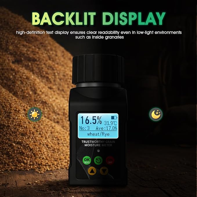 Grain Moisture Tester for 40 Grains, Smart Grain Coffee Bean Moisture Meter with Temperature Measurement, Data Storage, Portable Cup-Type Grain Moisture Detector for Wheat, Corn, Cocoa Beans, Seed