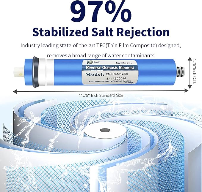 Huining Reverse Osmosis Membrane 50GPD-1812/2012 RO Membrane Housing Kit with 1/4 Quick Connector,Check valve,Water Pipe,Wrench Whole Set for Residential Household Hospital Water Filtration System