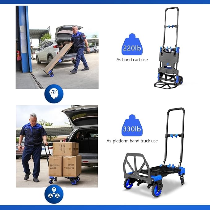 2-in-1 Hand Truck Dolly, 330LB Heavy Duty Carrying Portable Handtruck, Folding Hand Dolly with 4 Wheels&Retractable Handle for Moving, Luggage, Shopping, Office