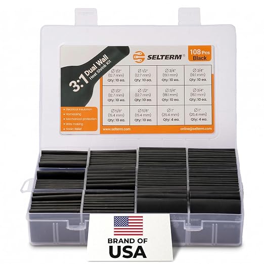 SELTERM Large Size Marine Grade Heat Shrink Tubing Kit 1, 3/4, 1/2, 5/8 Inch Assortment, 3:1 Dual Wall Adhesive Lined, for Battery Cable Lugs Wire Terminal Connectors - Black [108 pcs]
