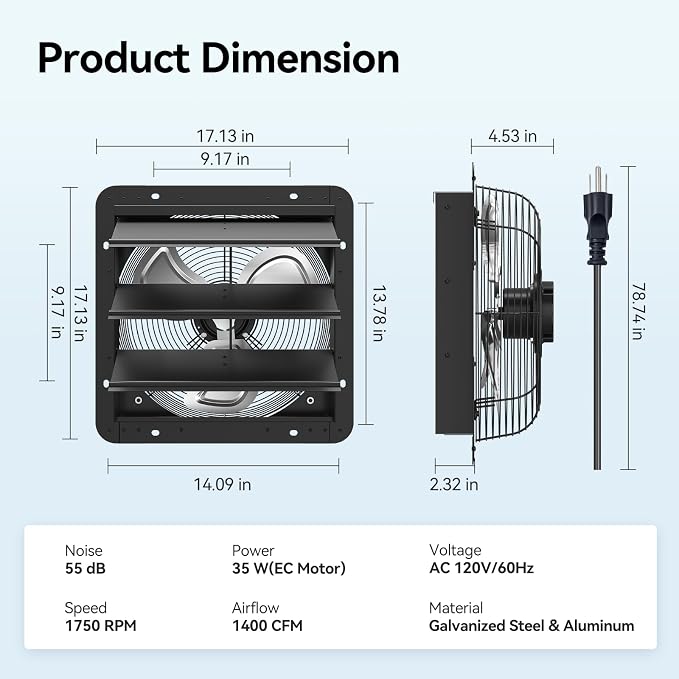 addlon 16 Inch Shutter Exhaust Fan Wall Mounted with 60W EC Motors and Remote Control,1700CFM, Timer, 8 Speeds, Low Noise, Easy to Install, Plug in Ventilation Fan for Garages, Shops, Greenhouse, Shed