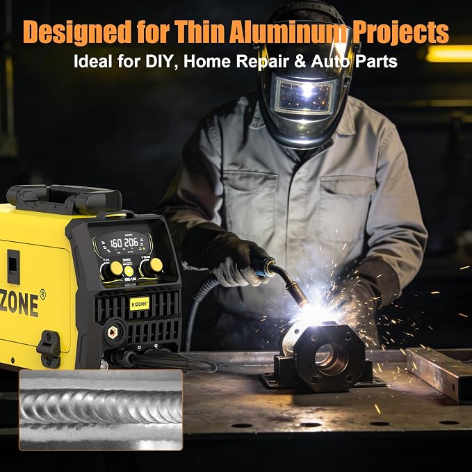 HIZONE 6-in-1 Aluminum MIG Welder, 160A Welding Machine 110V/220V, Flux Core MIG/Gas MIG/Lift TIG/Stick Welding Multiprocess Welder with Synergy, Ideal for Beginner