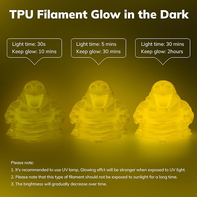 AMOLEN 95A TPU 3D Printer Filament, 1.75mm Glow in The Dark Yellow, Soft TPU Flexible 3D Printing Filament, Best with UV Lamps, 1kg Spool, Dimensional Accuracy +/- 0.02 mm, Fit Most 3D Printers