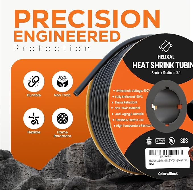 5/16" 8mm HELIXAL 2:1 Heat Shrink Tubing, Electrical Industrial Shrink Tube for Wire Insulation, Shrink Wrap Tubing, Electrical Insulation, Flame Retardant Cable Management Spool 120ft
