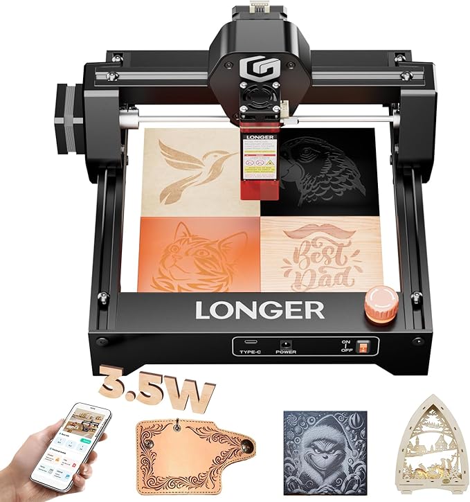 LONGER Ray5 Mini Laser Engraver, 3.5W Portable Laser Engraving & Cutter, 0.04mm Ultra Precision for Wood, Acrylic, Leather, DIY & Beginner Friendly, 140x130mm Work Area, WiFi Compatible