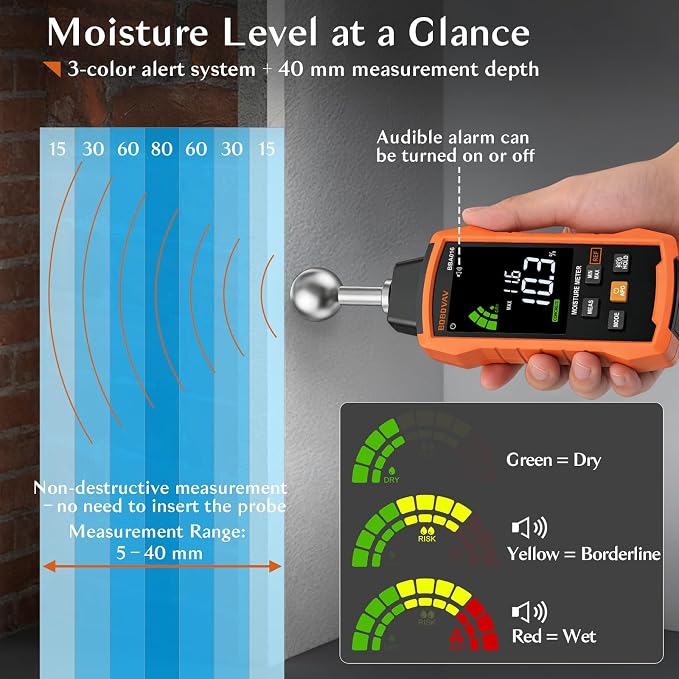Moisture Meter with Ball Probe, 5–40mm Detection, 5 Modes, 3-Color Display with Sound Alarm, REF Function & Data Hold – Pinless Moisture Meter for Wood, Walls, Floors, Concrete & Cement