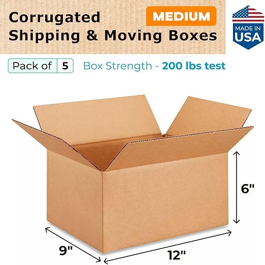 Medium Moving & Shipping Boxes 12 x 9 x 6 inches (5-Pack) - Extra Strength 200 lb vs Regular - USA-Made Corrugated Medium Moving Box - Packaging Box by IDL Packaging -
